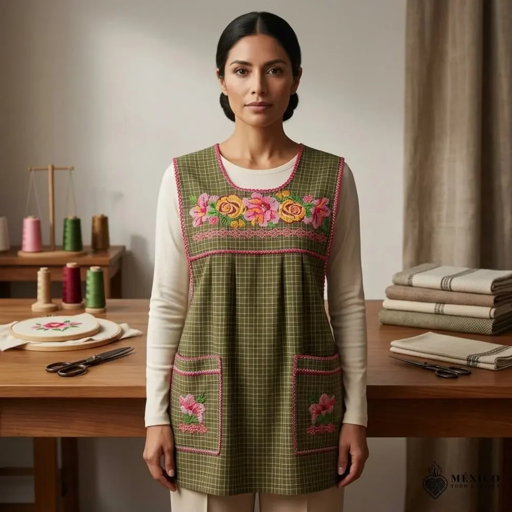 Traditional Mexican Cross-Stitch Embroidered Apron – Deluxe Artisan Smock Style